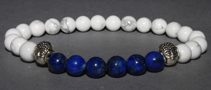 Bracelet Bouddha Howlite et Lapis Lazuli  6 mm Disponible Taille Médium/Large/Extra large