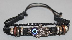 Bracelet ajustable avec breloques simili cuir noir et coton ciré N°13